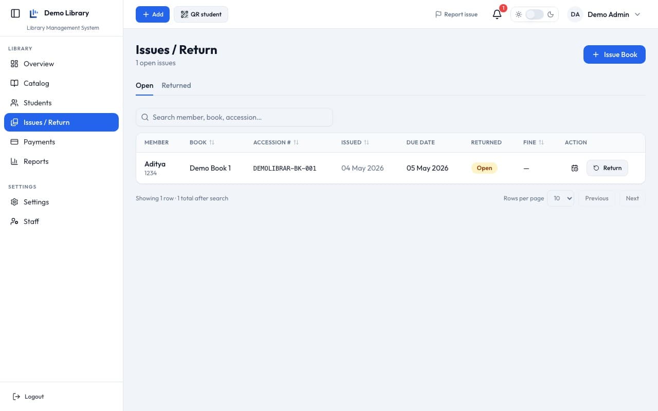 Issue and return screen
